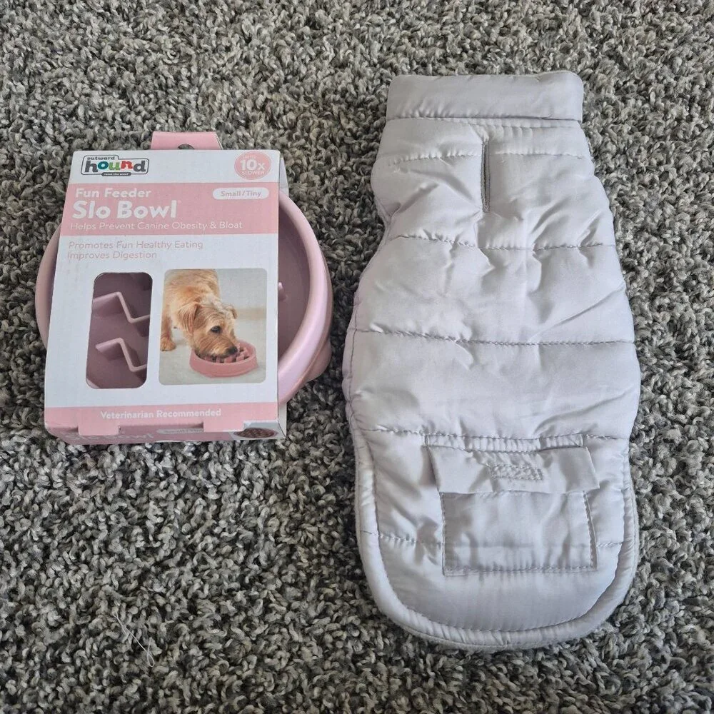 Tiny Dog Slow Feeder Bowl NEW & Gray Top Paw Puffer Jacket XS Puppy